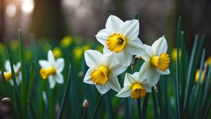 Fototapeta premium Garden scene showcasing blooming daffodils with white and yellow flowers