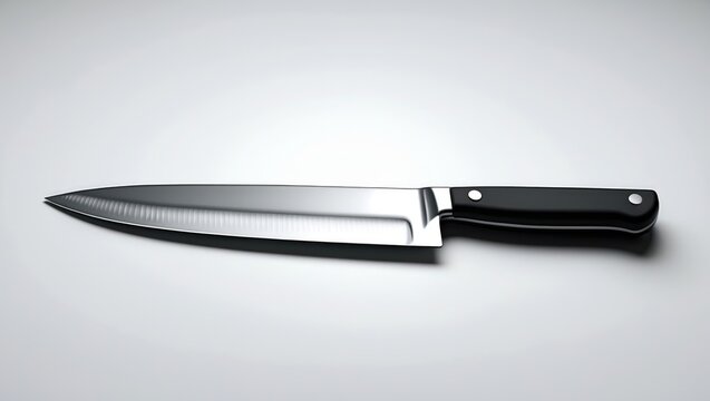 Chef's black steel kitchen blade with sharp edge and handle on white background