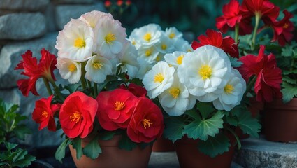 Obraz premium Close-up of white and red wax begonia flowers blooming in pots, highlighting their beauty and natural charm.
