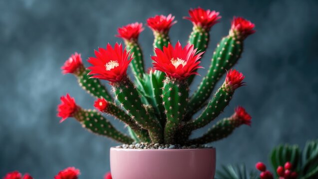 Beautiful floral display featuring blooming Christmas cactus and house plants against a gray backdrop - Powered by Adobe