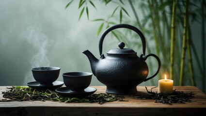 Black Iron Teapot Containing Tea Leaves