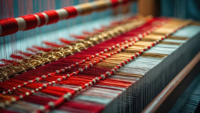 Abstract textile background featuring red thread from weaving machine