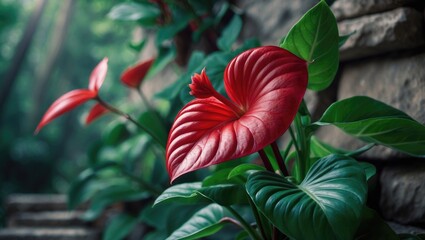 Beautiful anthurium flower close-up amidst natural green forest scenes