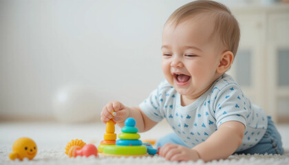 A baby laughing while playing with toys