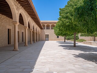 Fototapeta premium Sunny courtyard with arches and trees
