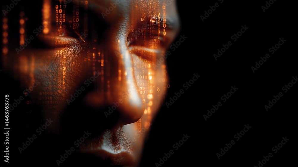 Poster digital enlightenment: a pensive visage illuminated by cascading binary code