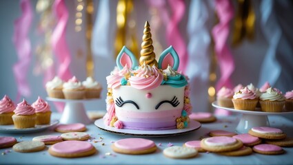 Birthday party setup for kids featuring a pink cake, sweets, and themed decorations