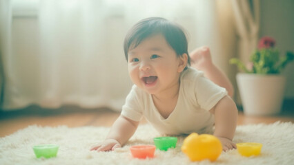 A baby laughing while playing with toys