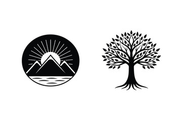 Minimalist black and white mountain landscape and tree logos for nature and outdoors