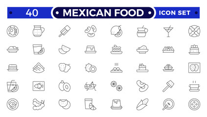Mexican Food outline icons. Fast food vector icon line set. Burger sandwich pizza hot dog cola coffee sweets.