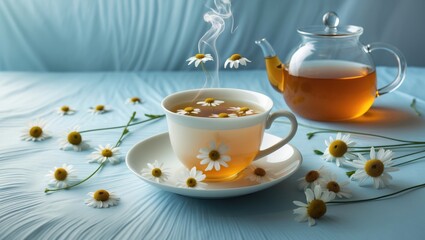 Fototapeta premium Herbal chamomile tea displayed in a teacup and teapot with fresh flowers, overhead shot with room for text on a spring background