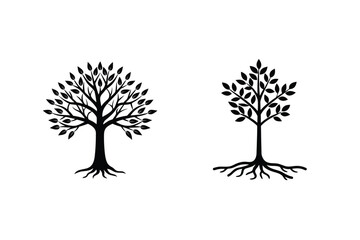 Elegant black tree silhouettes with leaves and roots on a clean white background