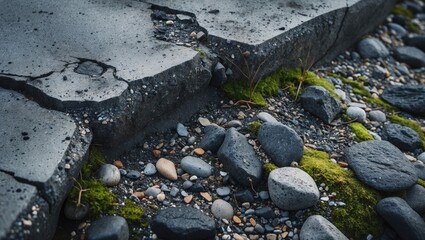 Macro shot of an aged concrete surface with cracks, crevices, and small stones embedded, emphasizing decay and roughness.