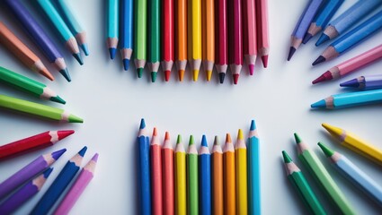 Fototapeta premium Brightly colored pencils and crayons in a loose arrangement on background