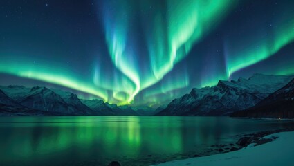 Nighttime display of northern lights above scenic mountain and ocean landscape in winter