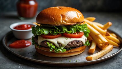 Gourmet burger featuring toasted bun, fresh vegetables, melted cheese, and crispy fries, perfect for a satisfying meal.