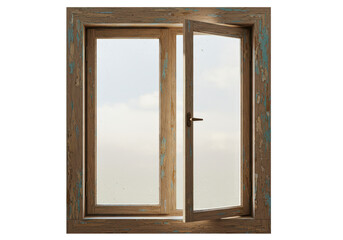 Isolated Vintage Wooden Window Frame with Open Shutter