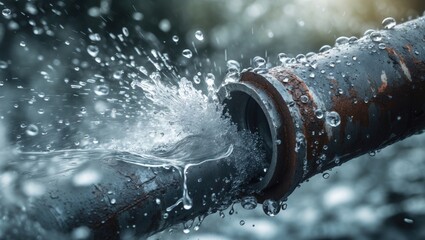 Corroded pipe emitting water under pressure due to leak