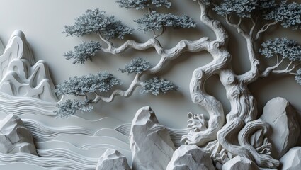 Traditional Chinese pine ornament in Feng Shui architecture representing longevity at a temple