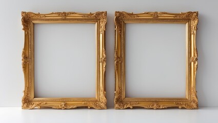 Old-fashioned gold frame with ornate design against a white backdrop