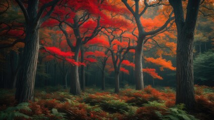 A colorful forest scene in autumn, with red, orange, and gold leaves, where the wind moves through branches and leaves sway gracefully.