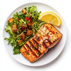Grilled salmon with salad isolated on white background. for healthy eating and restaurant menus.