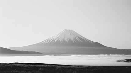 Majestic Mount Fuji sunrise, fog-shrouded valley, serene landscape, travel poster
