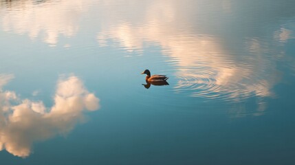 Fototapeta premium Serene Duck Swimming on Calm Water with Reflection of Clouds in Sky