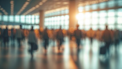 Wide-angle blurred scene of crowds in commercial and office spaces