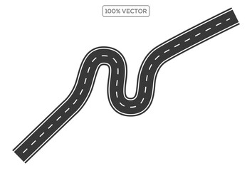 Winding road vector illustration, curved highway icon, black and white road graphic, abstract transportation route, dashed line path, asphalt driving vector logo
