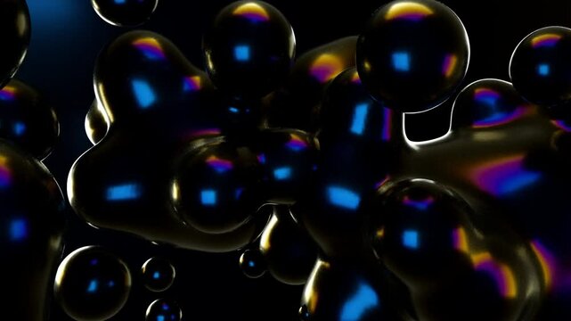 Seamless loop animation features dark, glossy multicolored organic shapes floating, merging. Abstract visual for technology, mystery, liquid concepts, or background texture