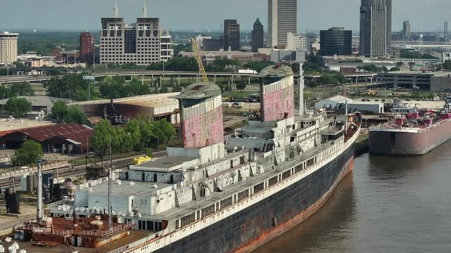 Aerial view of the SS United States and downtown Mobile Alabama