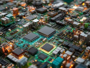 Obraz premium A detailed close-up shot reveals a complex circuit board with multiple processors and glowing integrated circuits.