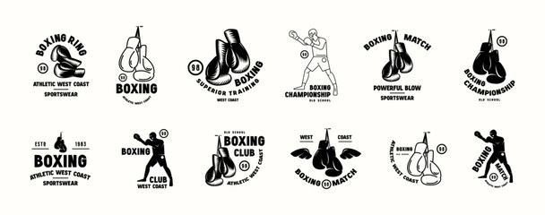 Boxing emblem set. Graphic design with gloves and boxer element. Black print on white background