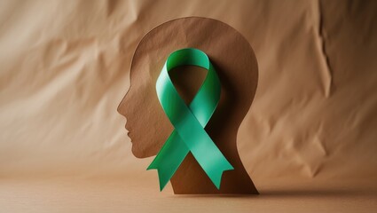 Concept of mental health awareness illustrated with a green ribbon and brain silhouette on a brown backdrop, leaving space for text
