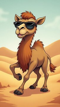 funny cartoon camel posing like a runway model, with a dramatic sashay and sunglasses, desert vibe