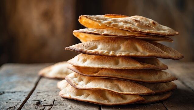 Kuboos or khubz (pita bread) freshly baked and displayed on a table