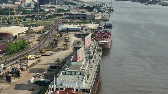 Drone view of the Port of Mobile and downtown Mobile Alabama