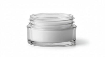 Empty clear plastic jar with a white interior. Empty container for cosmetic products on a white background.
