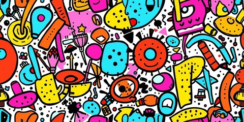 Vibrant, abstract doodle pattern with graffiti-inspired elements Seamless repeat for textile design, graffiti, art