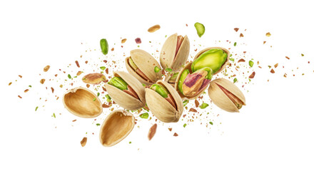 Isolated Explosion of Pistachios, Green Kernels and Shell Fragments