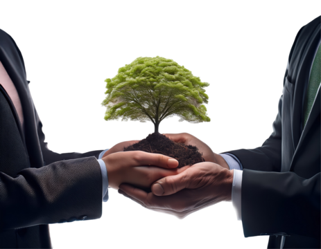 Two business professionals exchanging a small tree symbolizing growth and collaboration in a corporate setting. on transparent background