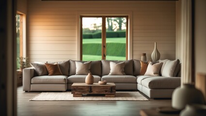 Fototapeta premium Elegant modern interior with shiplap walls, a large sectional sofa, and a warm color scheme perfect for family gatherings