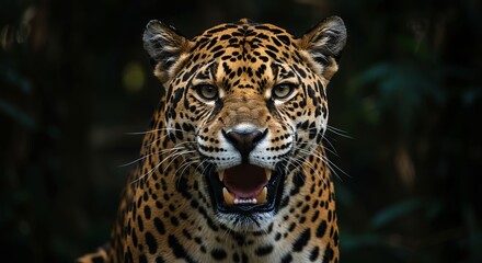 Obraz premium Angry Jaguar Roaring in the Forest, Intense Wildlife Portrait Front View