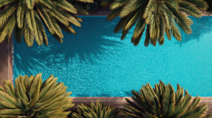Obraz premium Relaxing pool aerial view surrounded by lush palm trees in paradise
