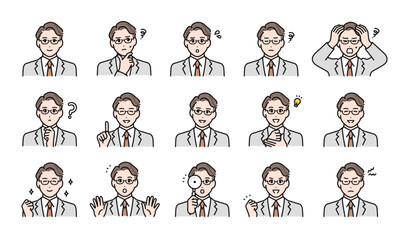 メガネをかけたスーツ姿の若い男性の表情イラストセット