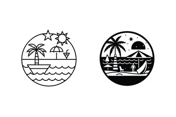 Vector illustrations of beach scenes in circular frames depicting summer relaxation and fun