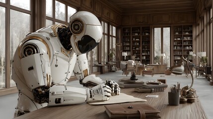 Fototapeta premium A sophisticated humanoid robot sits at a large wooden desk in a luxurious library diligently working on a document.