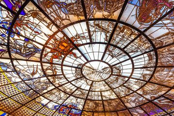 Stained glass ceiling of Erawan Museum with mythological and cosmological symbols design