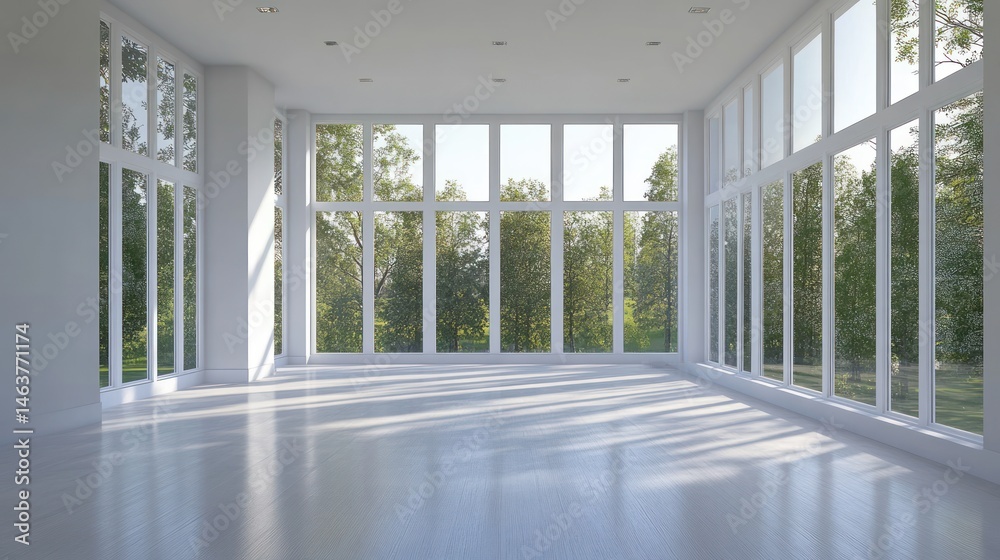 Poster empty modern room with large windows overlooking a park